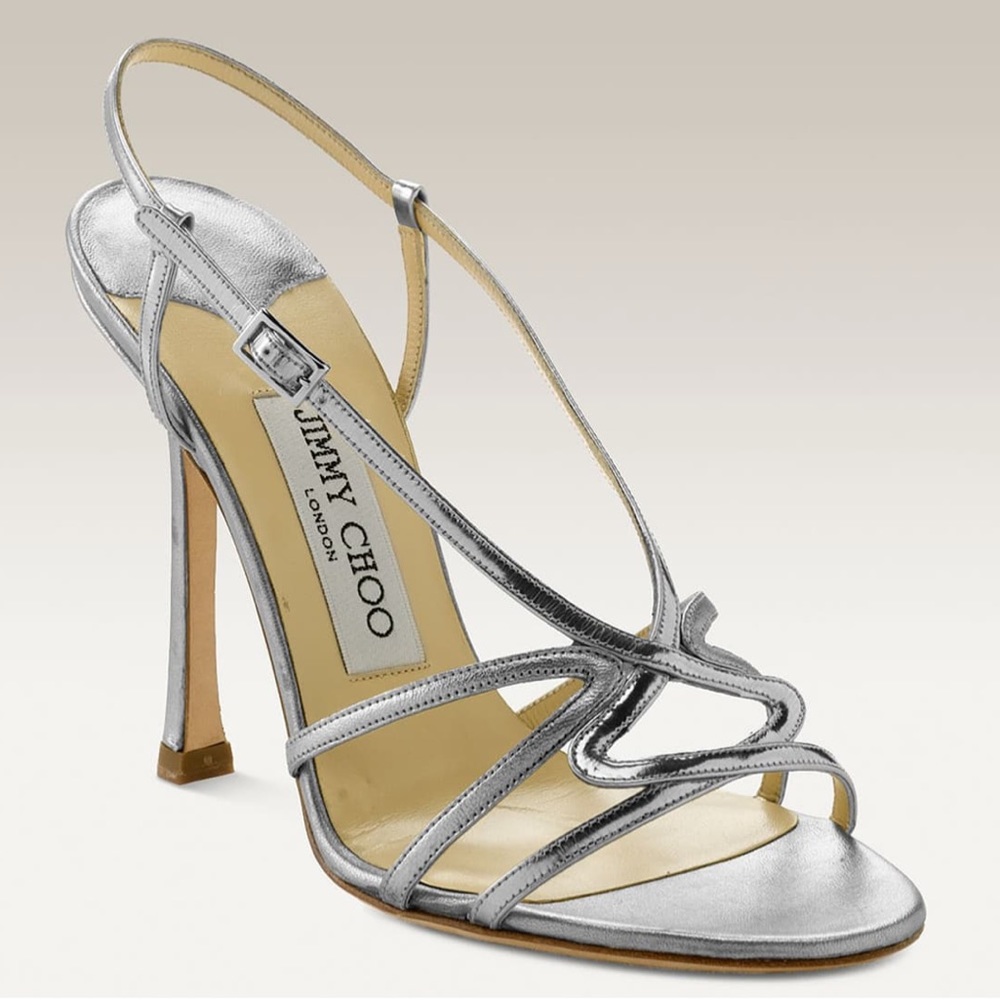 Jimmy Choo “Polite” Slingback Silver Sandals